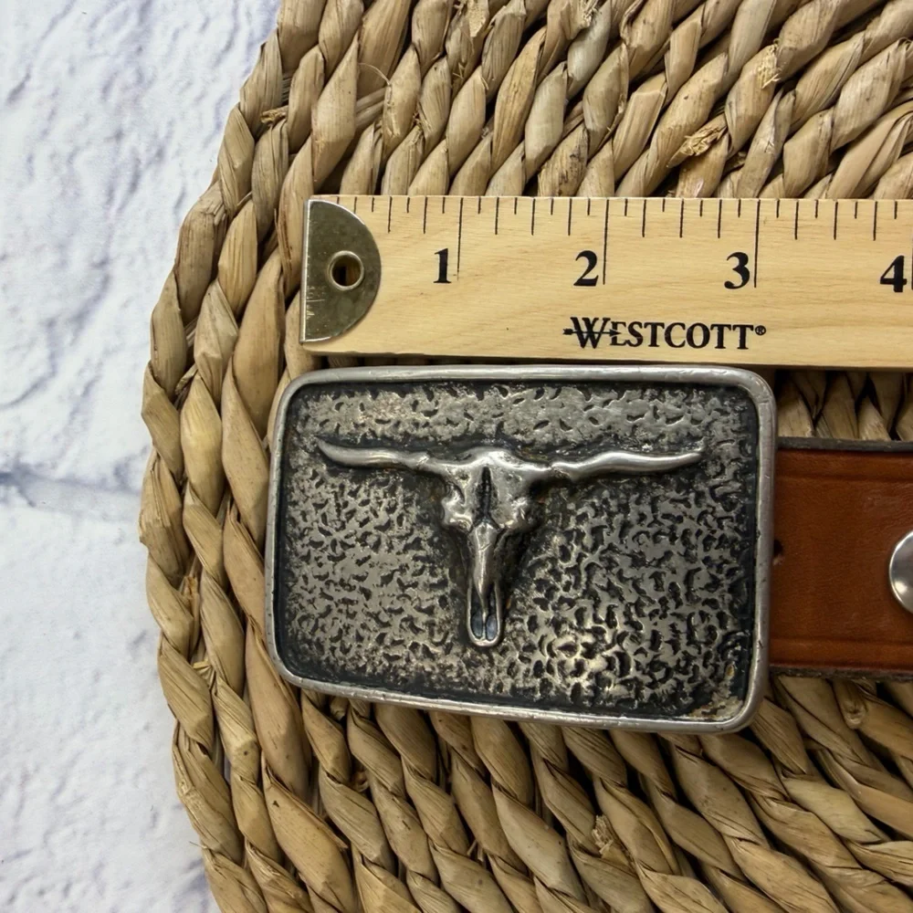 Bed Stu Men's Brown Leather Belt w/Texas Longhorn Bull Buckle. Western. Cowboy.